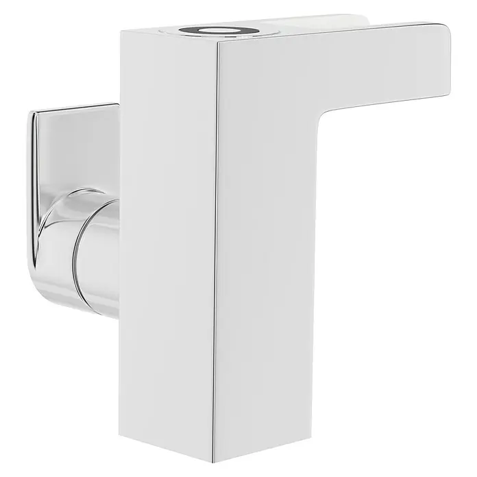 Camargue LED-Waschtischarmatur Ibiza - Chrom, Glänzend - Nahaufnahme eines modernen, quadratischen Wasserhahns in Chrom. Das minimalistische Design betont klare Linien und eine glänzende Oberfläche.