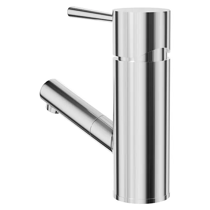 Camargue Merida Waschtischarmatur - Höhe: 16 cm, Chrom, Glänzend - Nahaufnahme eines modernen, verchromten Wasserhahns. Elegantes Design für Bad oder Küche, das Funktionalität und Ästhetik vereint.