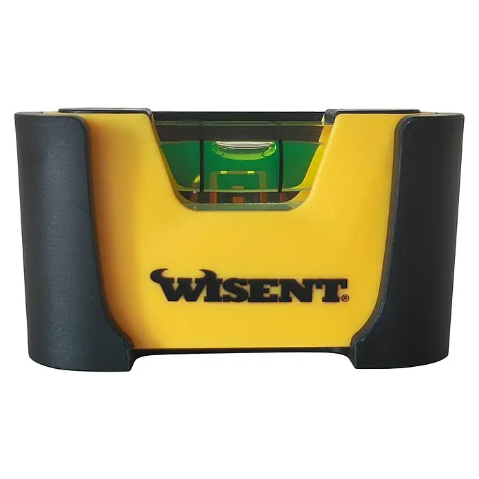 Wisent Wasserwaage Pocket - Anzahl Libellen: 1 Stk., Mit Magnet - Nahaufnahme einer gelben Wasserwaage von Wisent mit schwarzem Rand. Das Werkzeug zeigt die horizontale Ausrichtung an.