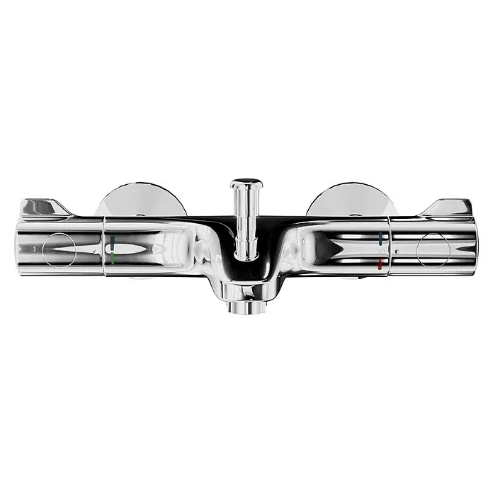 Grohe Wannenthermostat - Chrom, Glänzend - Nahaufnahme einer glänzenden Chrom-Thermostat-Brausearmatur mit Temperaturreglern und zentralem Auslauf.