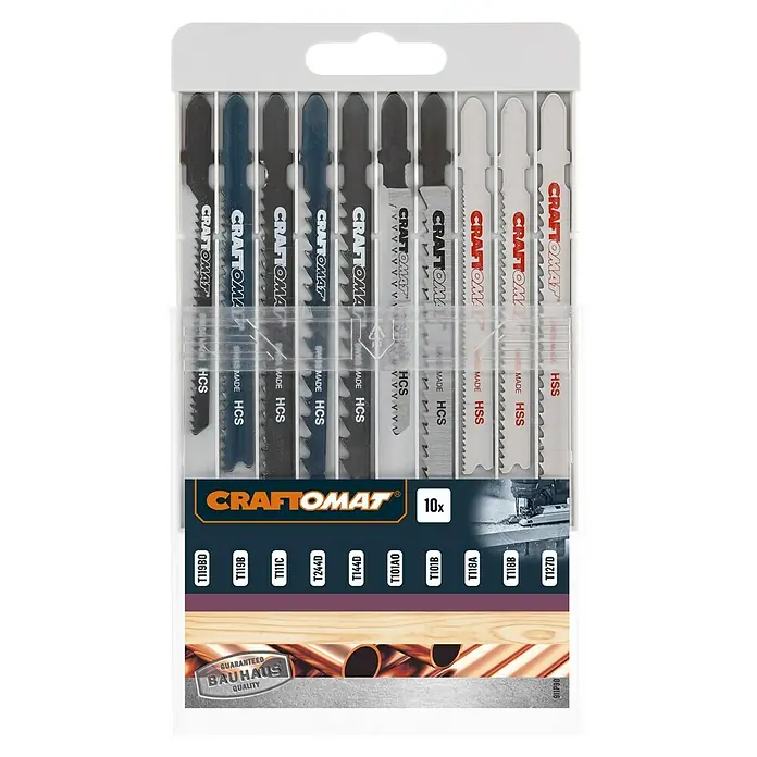 Craftomat Stichsägeblatt-Set - 10 -tlg., T-Schaft - Bild einer Packung CRAFTOMAT Stichsägeblätter, 10 Stück, für verschiedene Materialien wie Holz, Metall und Kunststoff.