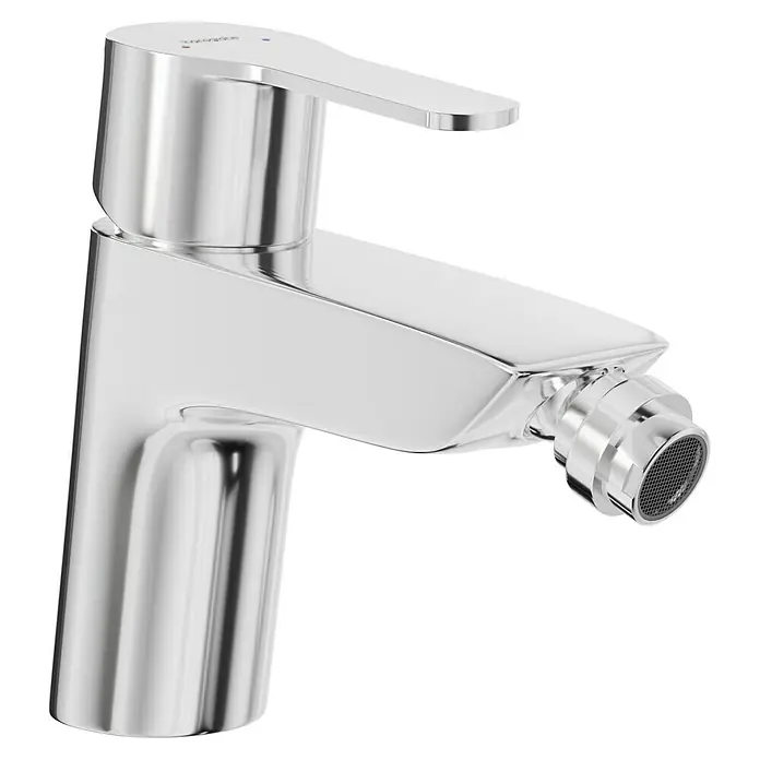 Hansgrohe MySport Bidetarmatur - Funkelnd - Nahaufnahme eines modernen, verchromten Waschbeckenwasserhahns von vorne, der Funktionalität und elegantes Design vereint.