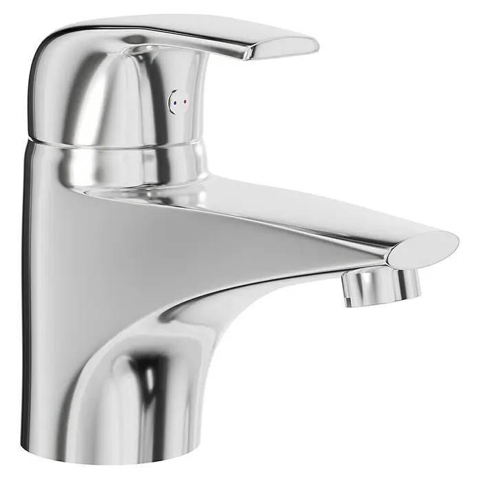 Camargue Waschtischarmatur Fusion - Chrom, Glänzend - Glänzender Chrom-Wasserhahn mit roten und blauen Punkten zur Temperaturregelung, modernes Design für Badezimmer und Küche.