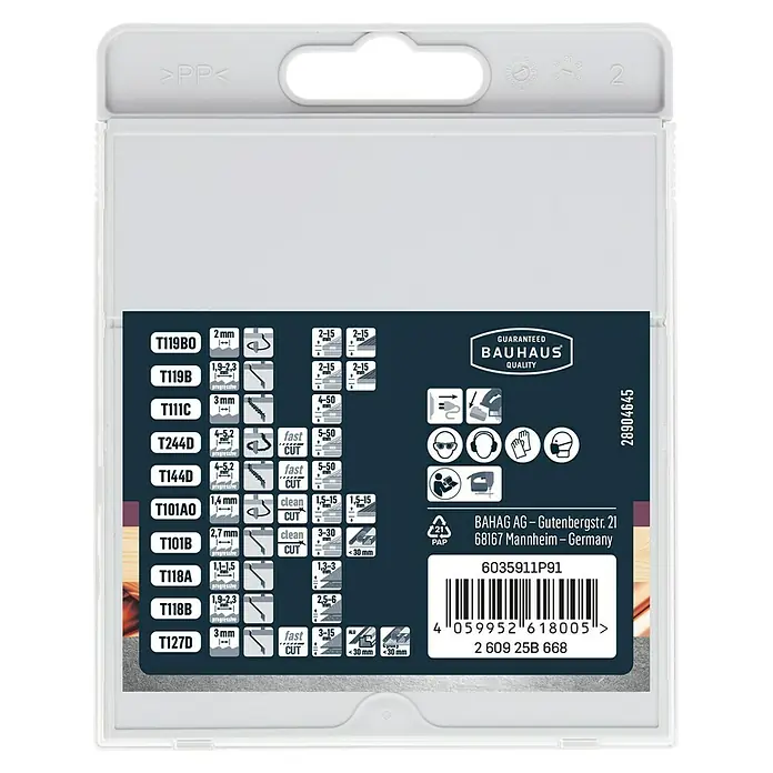 Craftomat Stichsägeblatt-Set - 10 -tlg., T-Schaft - Verpackung mit Stichsägeblättern von Bauhaus Quality, geeignet für verschiedene Materialien und Anwendungen im Handwerksbereich.