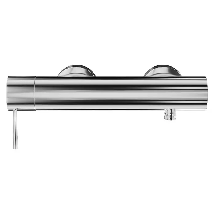 Grohe Essence Brausearmatur - Chrom, Glänzend - Eine seitliche Ansicht einer thermostatischen Duscharmatur aus Chrom mit verstellbarem Hebel und Gewindeanschluss, die elegantes Design und Funktionalität vereint.