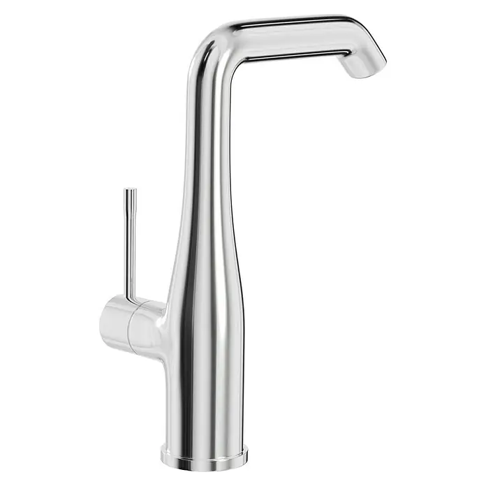 Grohe Essence New Waschtischarmatur - Chrom, Glänzend - Nahaufnahme einer glänzenden, modernen Armatur mit Hebel. Das elegante Design und die polierte Oberfläche machen sie zum Blickfang.