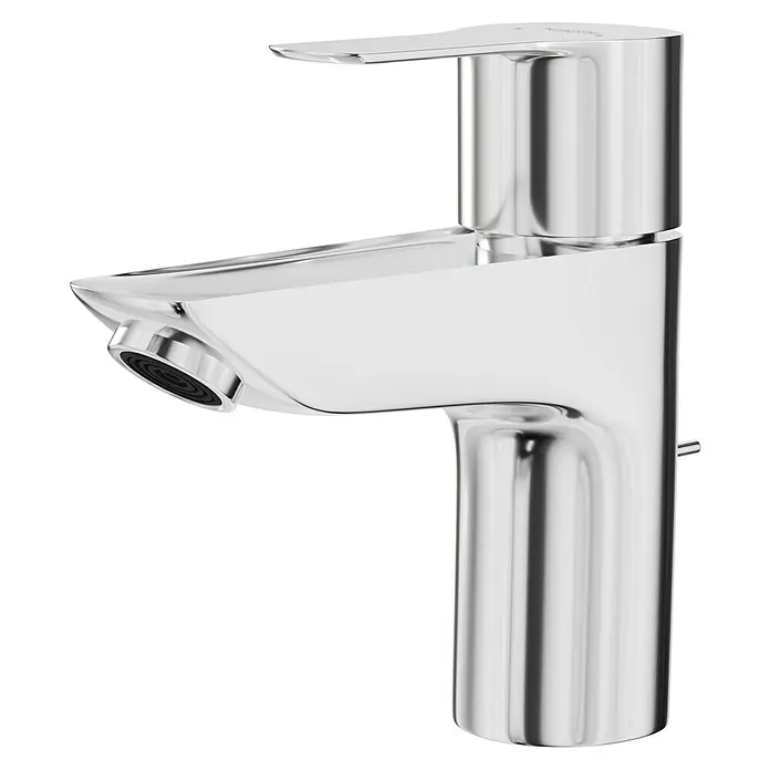 Hansgrohe MySport Waschtischarmatur L - Chrom, Glänzend - Nahaufnahme eines glänzenden, modernen Waschtischhahns mit schlankem Auslauf und Einhebelmischer in Chromoptik.