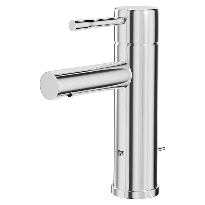 Grohe Essence New Waschtischarmatur S-Size - Höhe: 20,8 cm, Chrom, Glänzend - Das Bild zeigt eine moderne, glänzende Chrom-Armatur mit einem minimalistischen Design und einer klaren Linienführung. Ideal für moderne Badezimmer.
