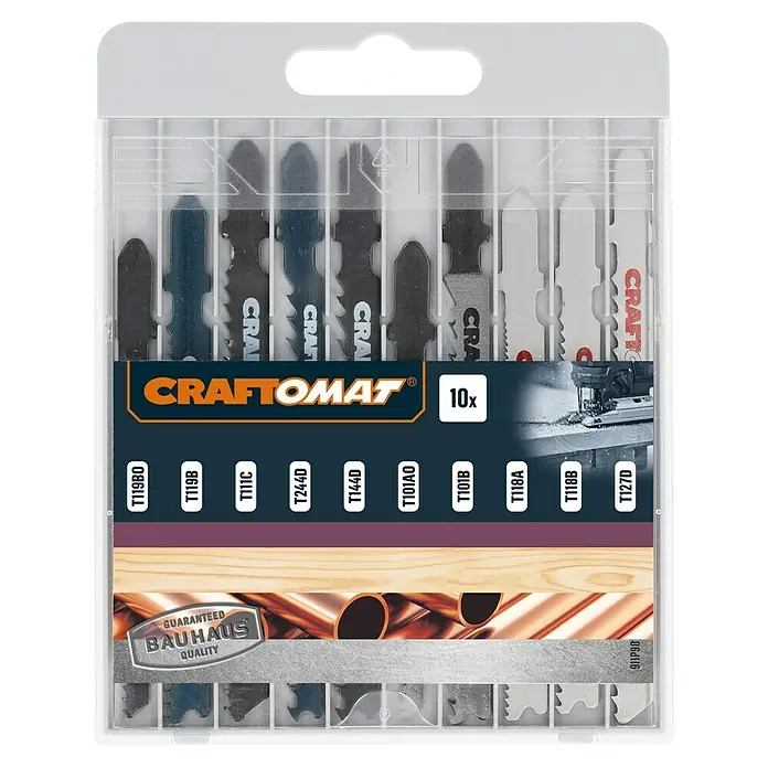 Craftomat Stichsägeblatt-Set - 10 -tlg., T-Schaft - Ein Set CRAFTOMAT Stichsägeblätter, bestehend aus 10 Teilen, für präzise und saubere Schnitte in verschiedene Materialien.
