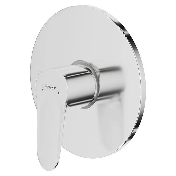 Hansgrohe Focus UP-Brausearmatur - Chrom, Glänzend - Nahaufnahme eines glänzenden Hansgrohe Talis E Unterputz-Einhebelmischers mit roter und blauer Temperaturanzeige.