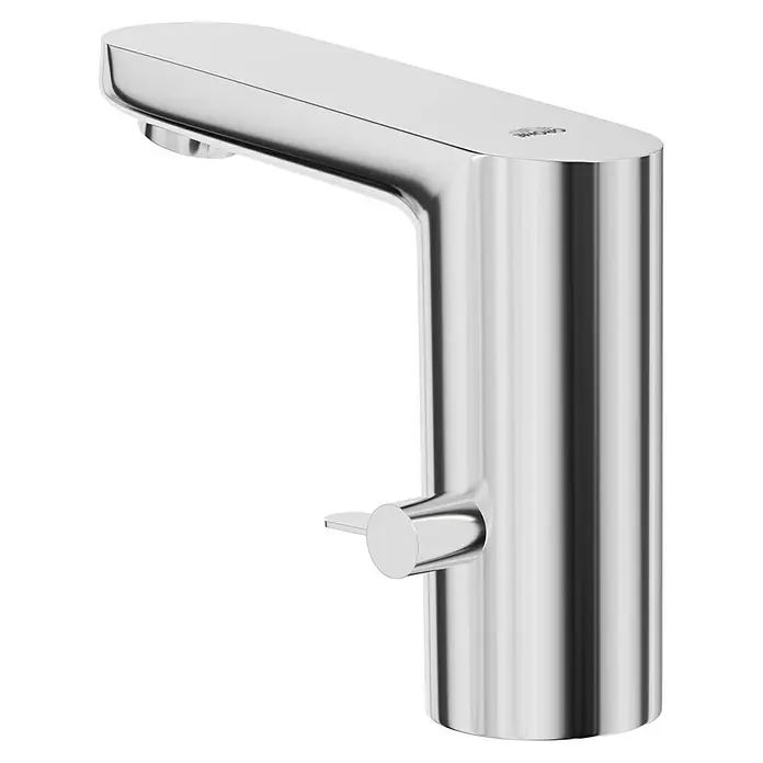 Grohe Get Waschtischarmatur - Infrarot-Elektronik, Chrom, Glänzend - Nahaufnahme einer modernen, verchromten Waschtischarmatur mit schlankem Design und einem Hebel zur Temperaturregulierung.