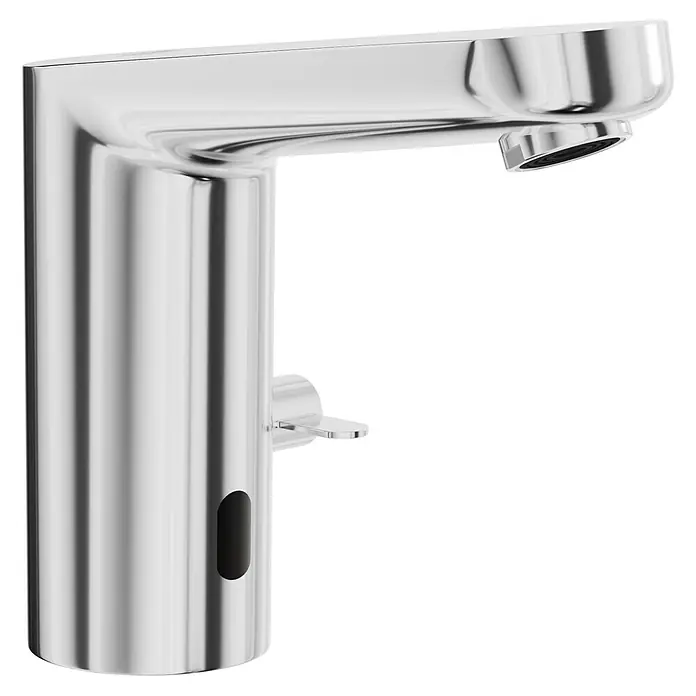 Grohe Get Waschtischarmatur - Infrarot-Elektronik, Chrom, Glänzend - Nahaufnahme einer automatischen, verchromten Armatur mit Infrarotsensor vor schwarzem Hintergrund.
