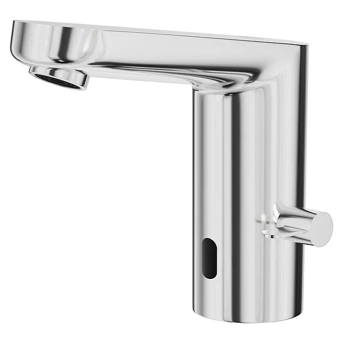 Grohe Get Waschtischarmatur - Infrarot-Elektronik, Chrom, Glänzend - Glänzender, moderner, berührungsloser Wasserhahn mit Sensor und Temperaturregler vor schwarzem Hintergrund.