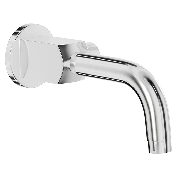 Camargue Kaltwasser-Wandventil - Chrom, Glänzend - Nahaufnahme einer glänzenden, verchromten Wandarmatur mit abgerundetem Auslauf vor einem schwarzen Hintergrund.