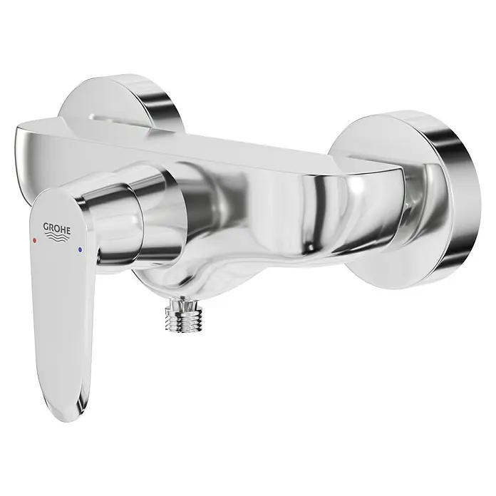 Grohe Eurodisc Cosmopolitan Brausearmatur - Chrom, Glänzend - Nahaufnahme einer glänzenden Grohe Armatur. Die Armatur zeichnet sich durch ein modernes Design mit klaren Linien und einer robusten Bauweise aus.