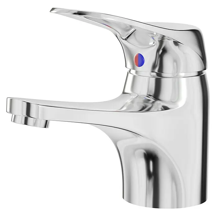 Mixomat Batoni Waschtischarmatur - Chrom, Glänzend - Nahaufnahme eines glänzenden, modernen Chrom-Wasserhahns mit roter und blauer Temperaturanzeige vor schwarzem Hintergrund.