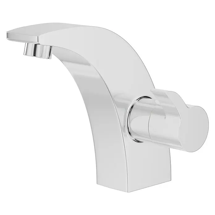 Camargue Waschtischarmatur Tarragona - Chrom, Glänzend - Nahaufnahme eines eleganten Chrom-Wasserhahns mit geschwungenem Auslauf und Hebelgriff vor schwarzem Hintergrund. Modernes Design für Bad oder Küche.