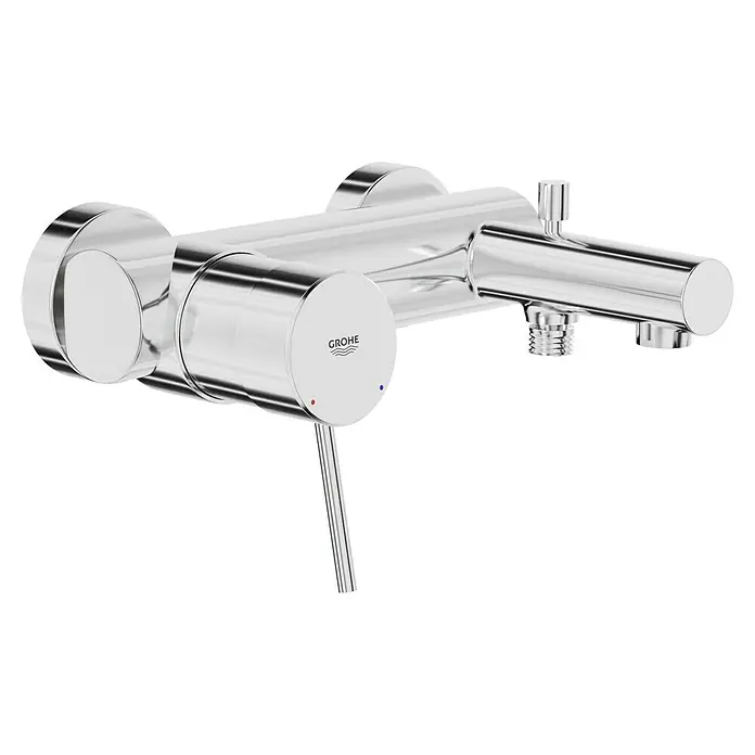 Grohe Concetto Badewannenarmatur - Ausladung Armatur: 156 mm, Chrom, Glänzend - Nahaufnahme eines verchromten Grohe Duschthermostats zur Wandmontage mit Hebel und Brauseanschluss.