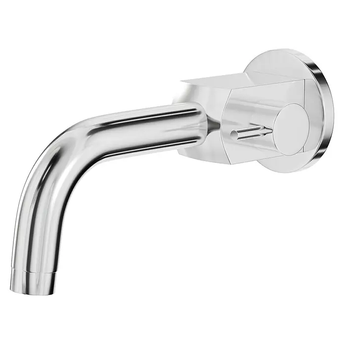 Camargue Kaltwasser-Wandventil - Chrom, Glänzend - Eine glänzende, silberfarbene Armatur mit einem gebogenen Auslauf und einer zylindrischen Basis. Ideal für moderne Badezimmer.
