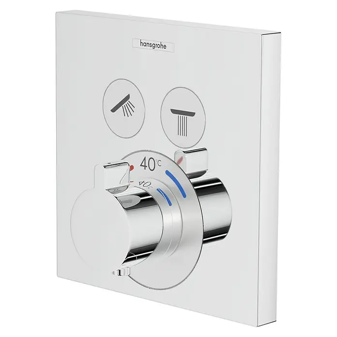 Hansgrohe UP-Thermostatarmatur ShowerSelect - Eckig, Chrom, Glänzend - Nahaufnahme eines Hansgrohe Thermostats mit Temperaturregler und Duschkopf-Auswahl.