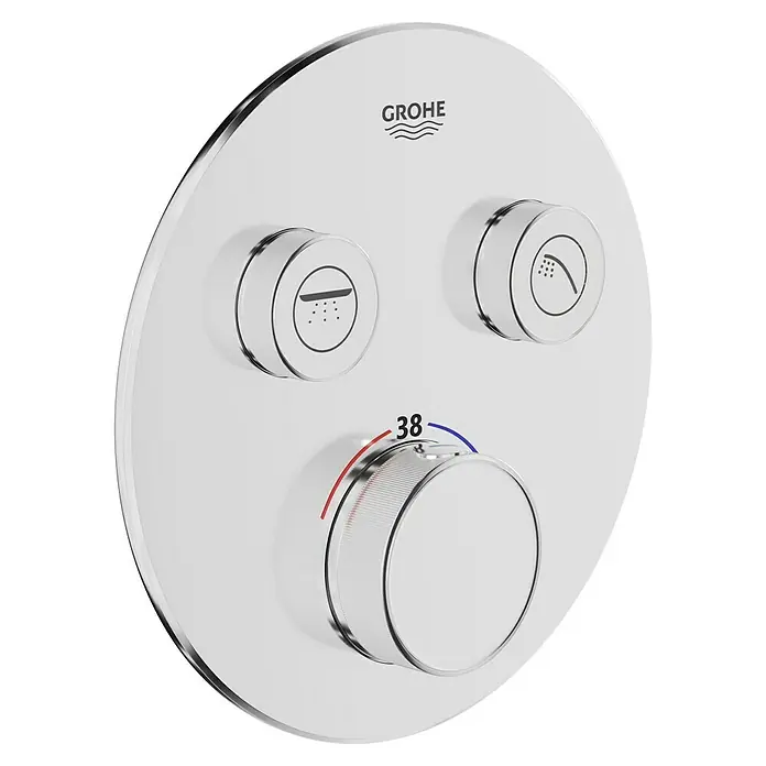 Grohe Grohtherm SmartControl UP-Thermostatarmatur - 2 Stk., Rund, Chrom, Glänzend - Nahaufnahme eines GROHE Duschthermostats mit glänzender Chromoberfläche und intuitiven Bedienelementen für die Wassereinstellung.