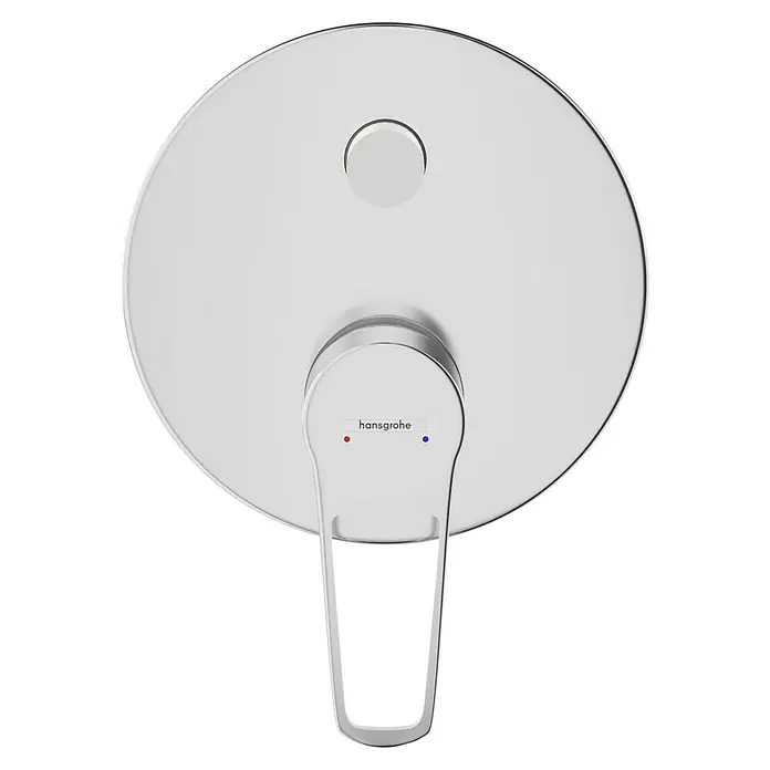 Hansgrohe Novus Loop UP-Badewannenarmatur - Chrom, Glänzend - Nahaufnahme einer Hansgrohe Armatur mit rundem Design, einem Griff und roten & blauen Punkten zur Temperaturanzeige.