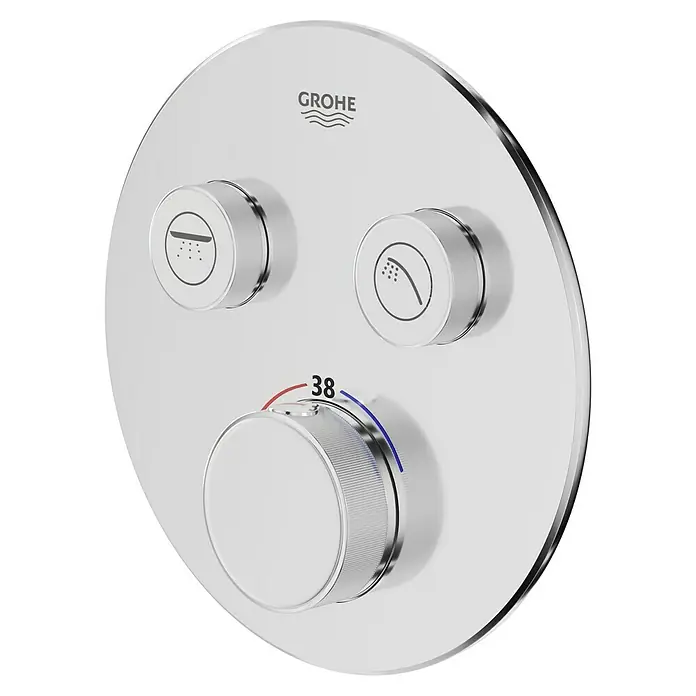 Grohe Grohtherm SmartControl UP-Thermostatarmatur - 2 Stk., Rund, Chrom, Glänzend - Naheaufnahme einer Grohe Duscharmatur mit drei Knöpfen, die das Design und die Funktionalität des Produkts hervorheben.