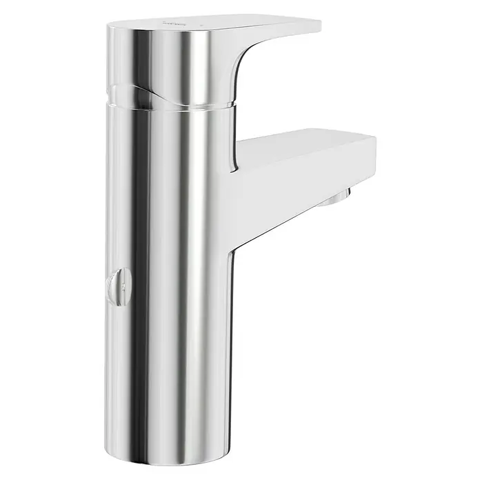 Grohe Waschtischarmatur BauFlow - Chrom, Glänzend - Nahaufnahme eines glänzenden, modernen Wasserhahns aus Chrom, der ein schlankes Design und eine hochwertige Verarbeitung zeigt.