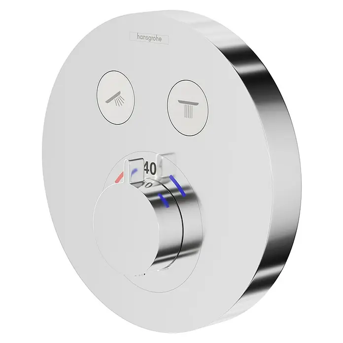 Hansgrohe UP-Thermostatarmatur ShowerSelect S - Rund, Chrom, Glänzend - Nahaufnahme eines runden, thermostatischen Hansgrohe-Duschreglers mit Temperaturregler und Funktionswahlschaltern.