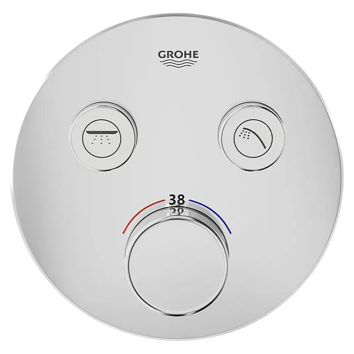 Grohe Grohtherm SmartControl UP-Thermostatarmatur - 2 Stk., Rund, Chrom, Glänzend - Nahaufnahme eines Grohe-Thermostatmoduls mit Temperaturregler und zwei Funktionsknöpfen für ein elegantes Badezimmerdesign.