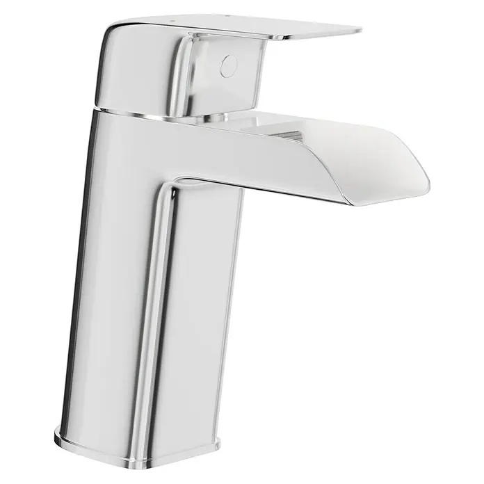 Camargue Waschtischarmatur Toronto - Chrom, Glänzend - Nahaufnahme einer modernen, verchromten Waschtischarmatur mit einem Wasserfallauslauf auf schwarzem Hintergrund.