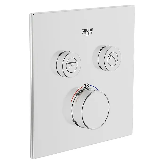 Grohe Grohtherm SmartControl UP-Thermostatarmatur - Anzahl Absperrventile: 2 Stk., Eckig, Chrom, Glänzend - Nahaufnahme des Grohe Duschthermostats mit Temperaturregler und zwei Auswahlknöpfen für verschiedene Strahlarten.