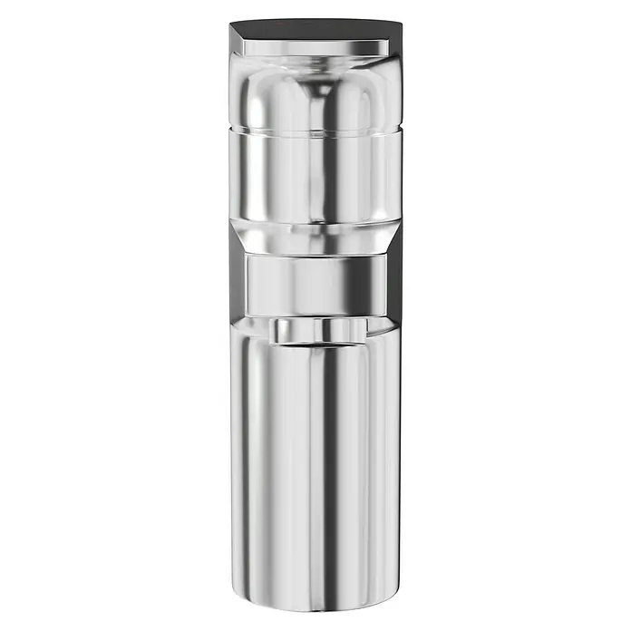 Grohe Waschtischarmatur BauFlow - Chrom, Glänzend - Nahaufnahme eines glänzenden, silberfarbenen Wasserhahnaufsatzes mit einer schwarzen Oberseite. Sein modernes Design ist ein echter Hingucker.