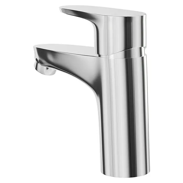 Camargue Elba Waschtischarmatur - Niederdruck, Chrom, Glänzend - Nahaufnahme einer modernen, verchromten Waschtischarmatur mit schlankem Design und reflektierender Oberfläche.