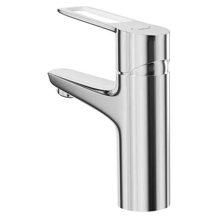 Hansgrohe Novus Loop Waschtischarmatur 100 - Chrom, Glänzend - Nahaufnahme eines glänzenden, modernen Wasserhahns aus Chrom mit schlankem Design, ideal für ein stilvolles Badezimmer.