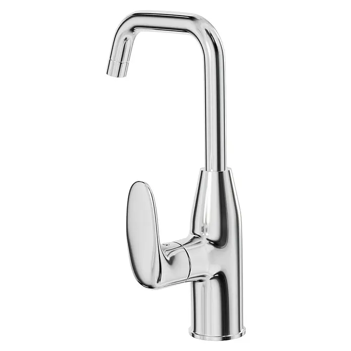 Camargue Waschtischarmatur Modern - Chrom, Glänzend, Hochdruck - Nahaufnahme einer glänzenden Chromarmatur, die ein schlankes Design und eine moderne Ästhetik aufweist. Ideal für stilvolle Küchen.