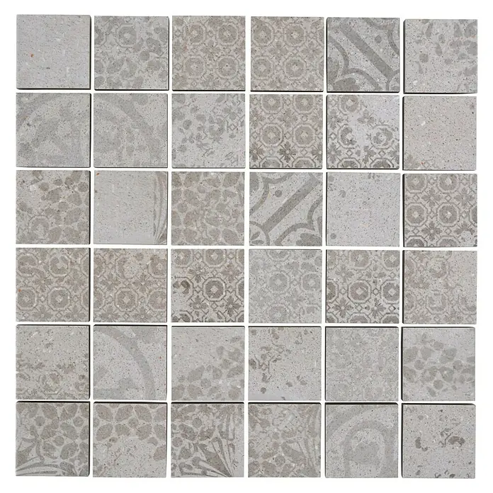 Mosaikfliese Quadrat Blox CSB 48BB1 - 29,8 x 29,8 cm, Beige, Matt - Nahaufnahme einer grauen Fliesenmatte mit dekorativen Mustern für Bad oder Küche, stilvoll und strapazierfähig.