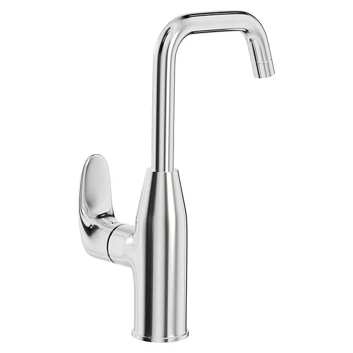 Camargue Waschtischarmatur Modern - Chrom, Glänzend, Hochdruck - Ein glänzender, silberner Wasserhahn mit geschwungener Form und einem Hebel zur Steuerung des Wasserflusses.