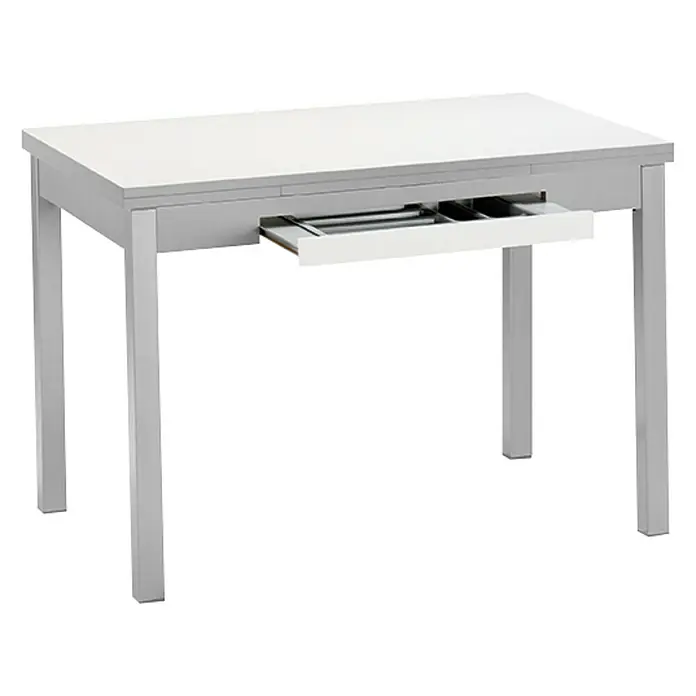 Mesa Meri - L x An: 110 x 70 cm, Material del tablero de la mesa: MDF, Blanco - Mesa de comedor moderna en blanco y gris con una extensión práctica. Ideal para comedores y cocinas.