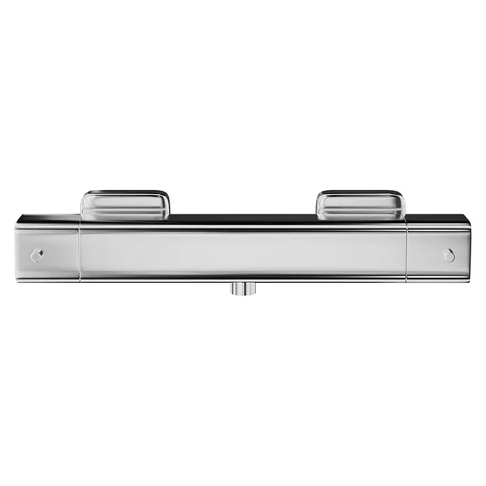 Camargue Ocean Thermostatarmatur - Breite: 260,6 mm, Chrom, Glänzend - Nahaufnahme eines glänzenden, rechteckigen Duschthermostats aus Chrom mit Drehknöpfen zur Temperaturregulierung.
