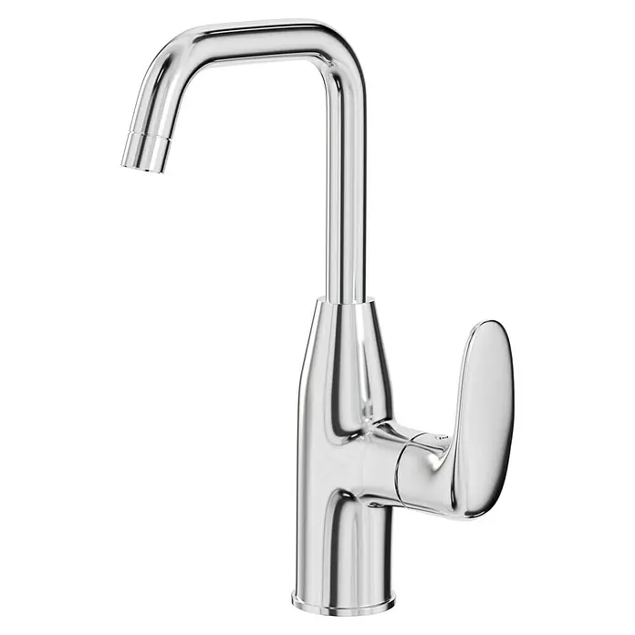 Camargue Waschtischarmatur Modern - Chrom, Glänzend, Hochdruck - Glänzender, silberfarbener Wasserhahn mit geschwungenem Auslauf und Hebel für modernes Badezimmerdesign.