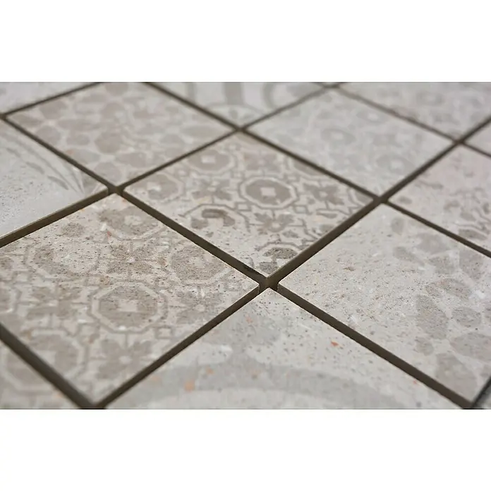 Mosaikfliese Quadrat Blox CSB 48BB1 - 29,8 x 29,8 cm, Beige, Matt - Nahaufnahme von quadratischen Bodenfliesen mit grauem Muster und Terrazzo-Optik, die ein elegantes und stilvolles Design zeigen.