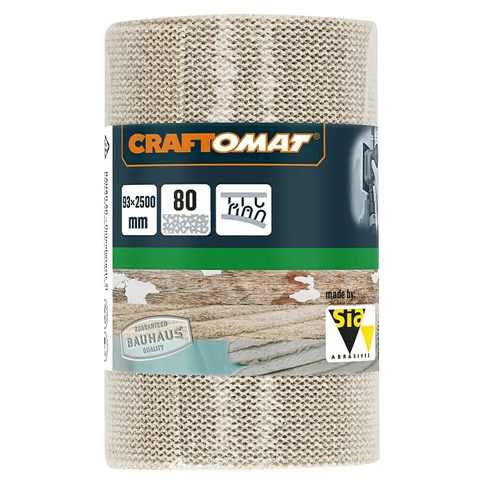 Craftomat Schleifrolle - Körnung: 80, Breite: 93 mm - Nahaufnahme einer CRAFTOMAT Schleifpapierrolle, 93 x 2500 mm, Körnung 80, hergestellt von Sia Abrasives und garantiert von Bauhaus Qualität.