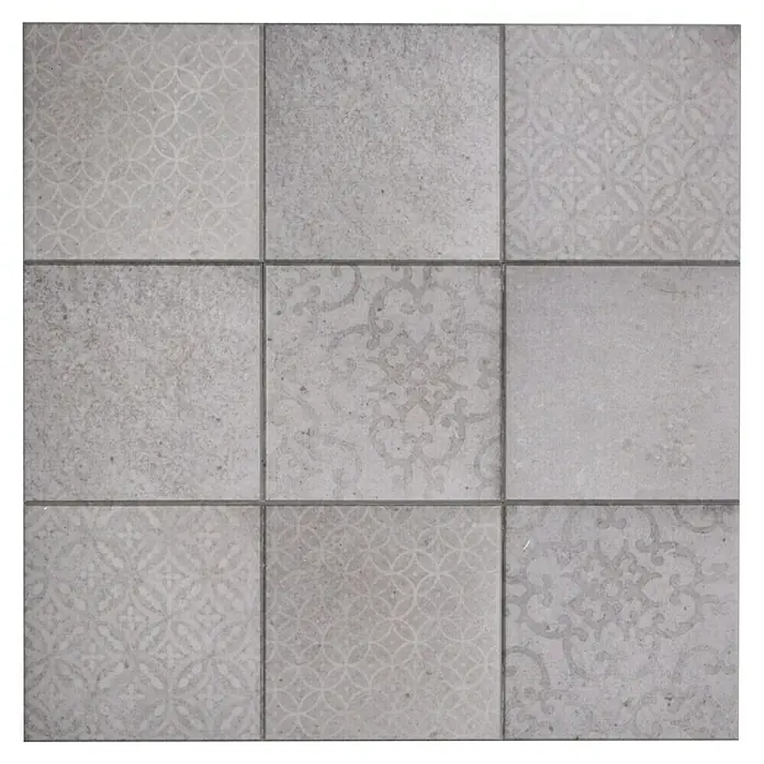 Selbstklebemosaik Quadrat SAM CELLO - 30 x 30 cm, Grau, Matt - Graue Bodenfliesen mit verschiedenen dezenten Mustern in einem quadratischen Layout.