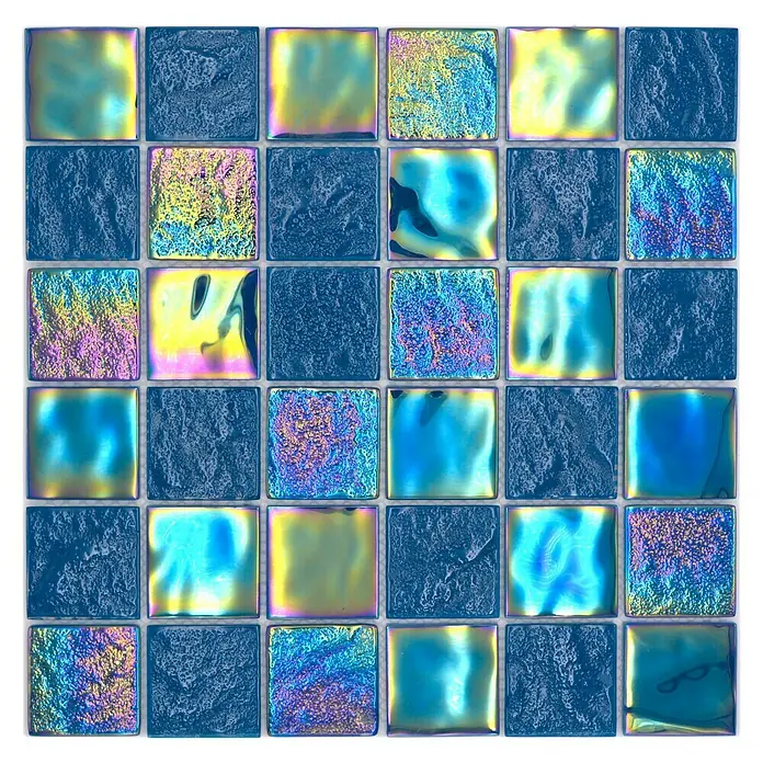 Mosaikfliese Quadrat Crystal Mix CM S463 - 29,8 x 29,8 cm, Azurblau, Glänzend - Quadratische blaue Mosaikfliese mit schillernden und steinernen Effekten, ideal für stilvolle Wandverkleidungen.