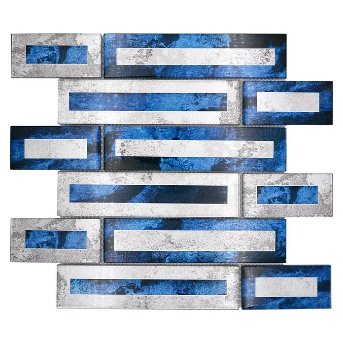 Mosaikfliese Rechteck Crystal XBH 2SW9 - 30 x 30 cm, Blau, Glänzend - Eine blaue und silberne Mosaikfliese mit einem auffälligen, modernen Design, perfekt für Akzentwände oder dekorative Elemente im Innenbereich.