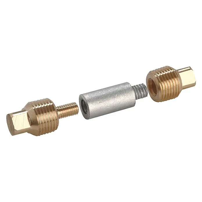 Schraubenanode - Zink, Ø x L: 16 x 30 mm, Salzwasser, Schrauben - Abgebildetes Produkt: Eine zerlegte Gewindeverbindung mit Messingenden und einem silberfarbenen Verbindungsstück, das die Einzelteile zusammenführt.