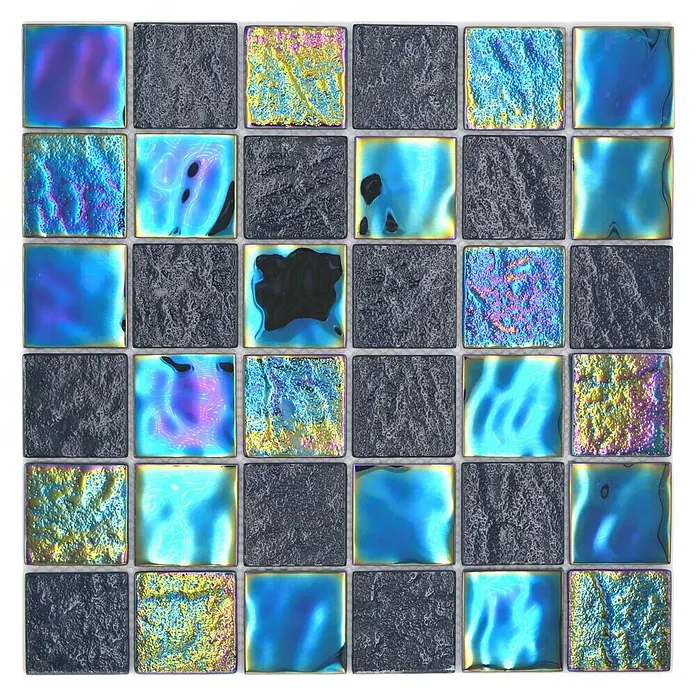 Mosaikfliese Quadrat Crystal Mix CM S365 - 29,8 x 29,8 cm, Saphirblau, Glänzend - Mosaikfliesen mit blauem und grauem Farbmuster für Wand- und Bodendesign, ideal für Badezimmer und Küche.