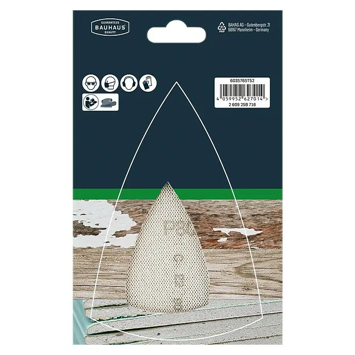Craftomat Schleifgitter-Set - 100 x 150 mm, 10 Stk. - Schleifpapier von Bauhaus mit dreieckiger Form. Geeignet für Schleifarbeiten an Holz, Kunststoff und Metall. Inklusive Mehrfachlochung.