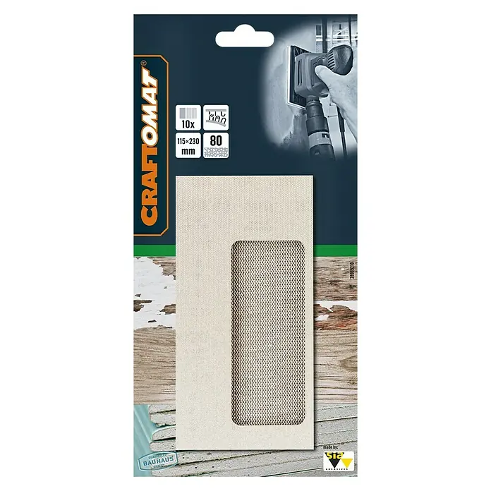 Craftomat Schleifnetz - 230 x 115 mm, Körnung: 80, 10 Stk. - Produktverpackung für CRAFTOMAT Schleifpapier, 115x230 mm, Körnung 80, 10 Stück, ideal zum Schleifen von Oberflächen.